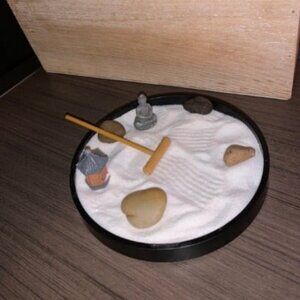 Mini Zen Garden Kit for Desk with Rake, White Sand, Black Round Base